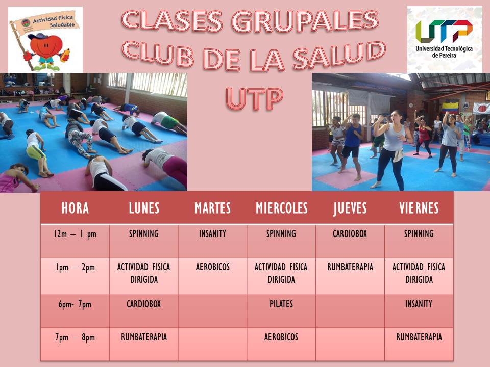 El Club de la Salud extiende la invitación a todo el equipo de trabajo de la Vicerrectoría de Responsabilidad Social y Bienestar Universitario para que participen activamente de las Clases Grupales que se están desarrollando en el Salón de Artes Marciales y en el Gimnasio.  En adjunto envío el horario de las diferentes actividades a las cuales podrán asistir. 