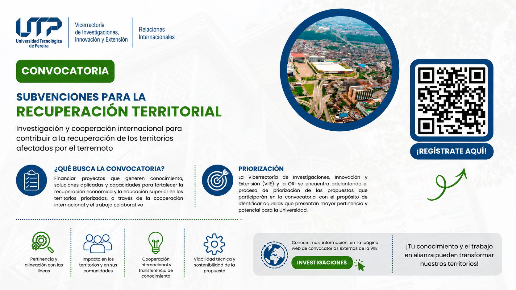 La Vicerrectoría de Investigaciones, Innovación y Extensión (VIIE) y la Oficina de Relaciones Internacionales (ORI) adelantan el proceso de priorización de propuestas para la convocatoria “Subvenciones para la Recuperación Territorial”, orientada a contribuir, mediante la investigación y la cooperación internacional, a la recuperación de territorios afectados por el terremoto.